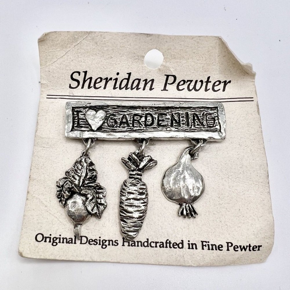 I Love Gardening Brooch Pin By SHERIDAN Pewter Vegetables